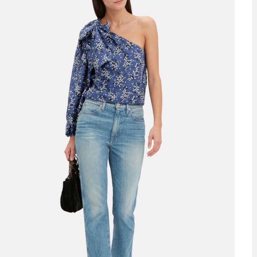 Ulla Johnson Blue Enid One Shoulder Floral Blouse With Bow Tie - Picture 1 of 11